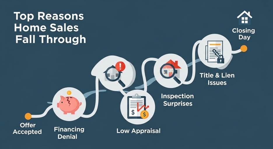 Infographic showing the path from an accepted offer to closing day, which is interrupted by several roadblocks representing the top reasons home sales fall through: Financing Denial, Inspection Surprises, Low Appraisal, and Title & Lien Issues.