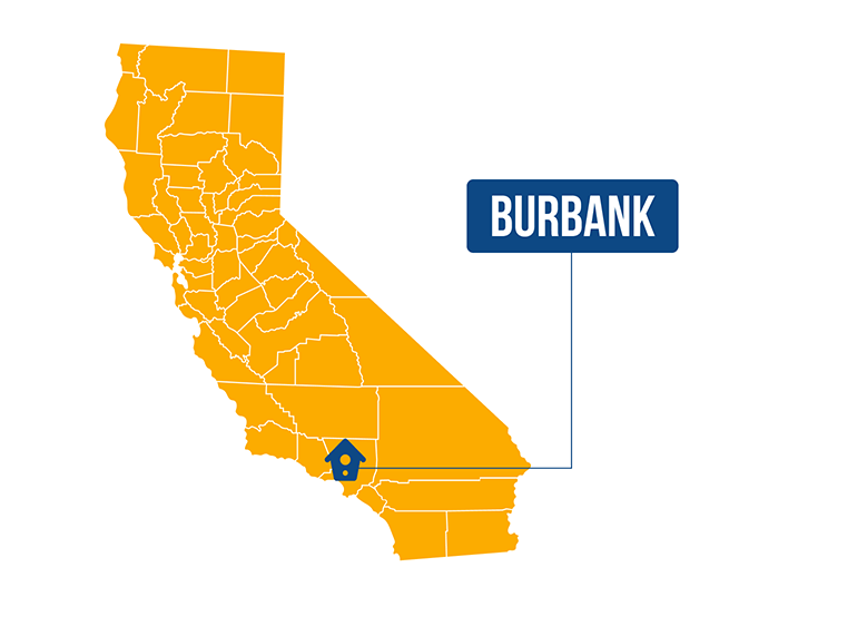 California map in orange with counties outlined; Burbank marked in blue.