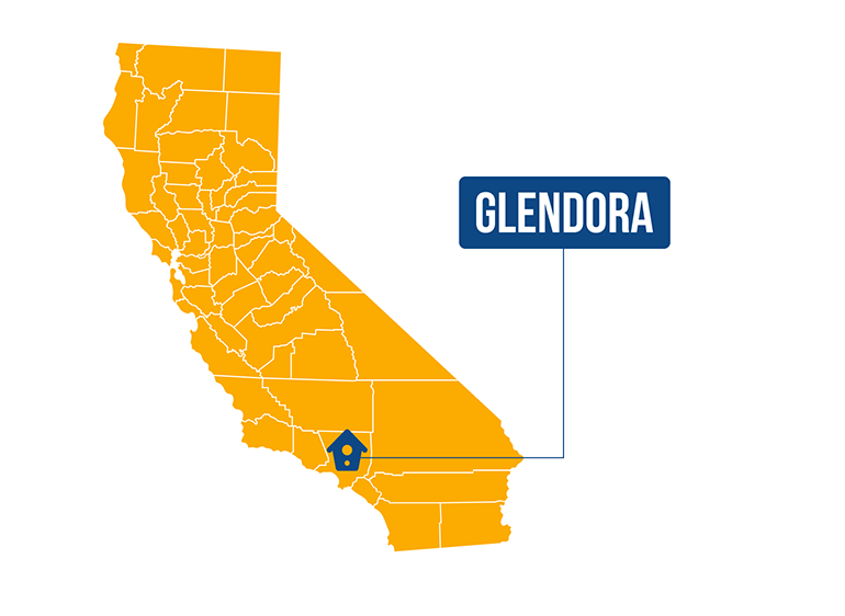 Yellow California map highlighting Glendora with blue icon and label in Southern California.