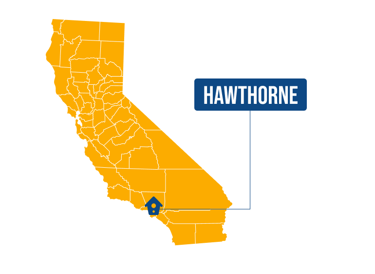 Orange California map with county borders, blue-labeled pinpoint on Hawthorne in southwest.