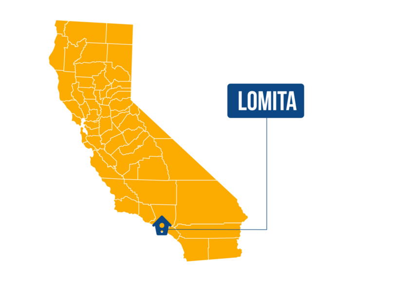 Map of California in orange with county outlines, highlighting Lomita in blue in Southern California.