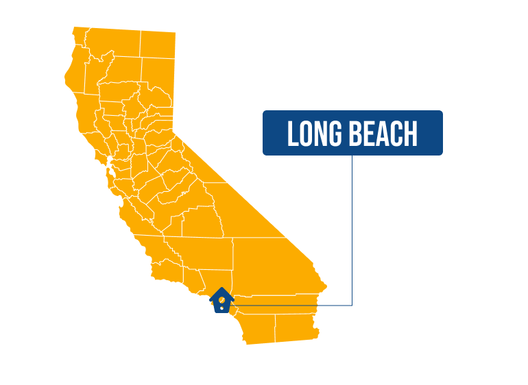California map in orange with white county borders, blue-labeled marker for Long Beach on right.