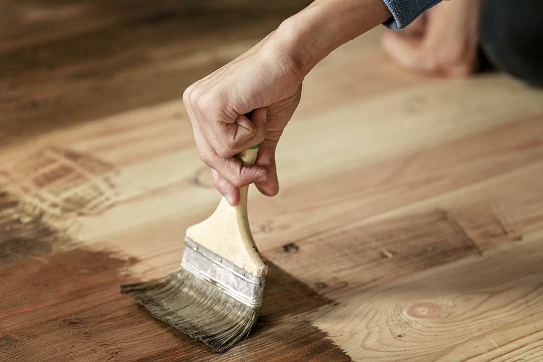 Hand Holds Paintbrush and Paints the Wood Floor