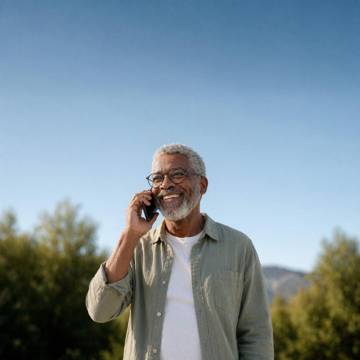 Smiling homeowner on the phone outdoors