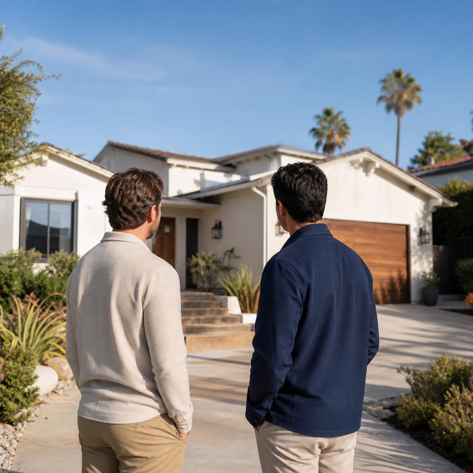 Homeowner on the phone outside her Spanish-style home