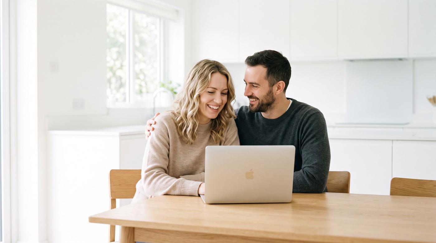 Couple smiling at a laptop