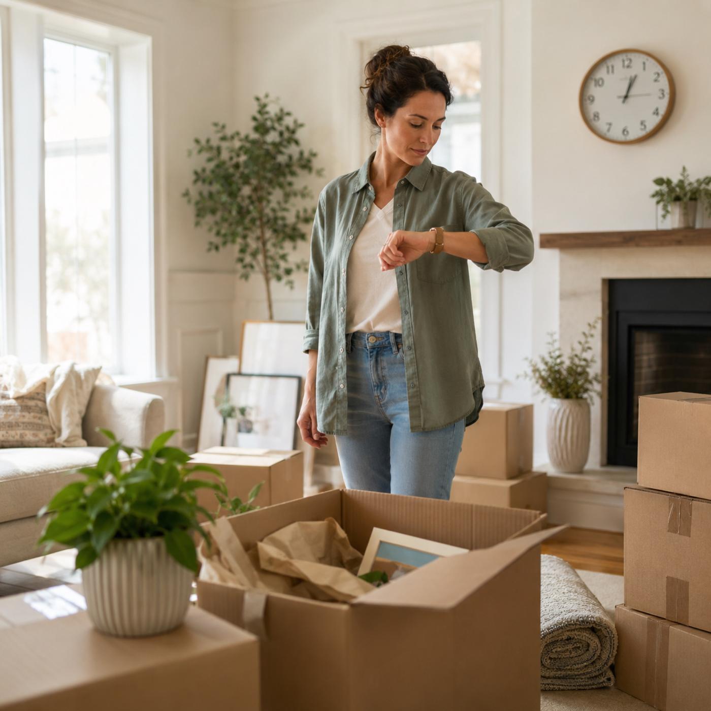 Homeowner checking her watch in a bright living room
